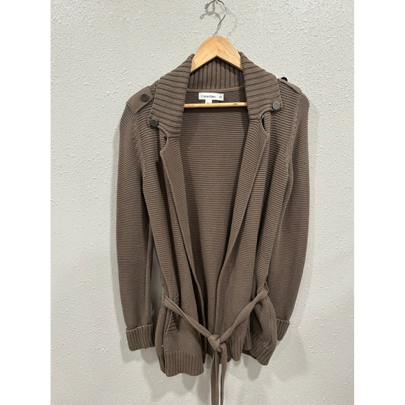 Calvin Klein Women's XS Brown Knit Open Front Belted Long Sleeve Cardigan - Picture 1 of 6